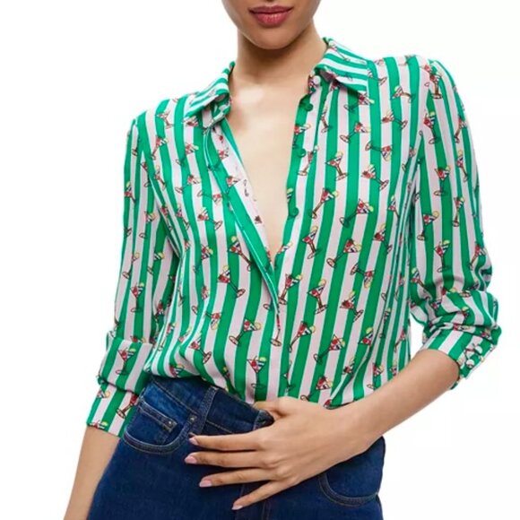 Alice & Olivia Willa Silk Shirt Martini Print Pale Pink & Green Stripes - Large - Picture 1 of 7